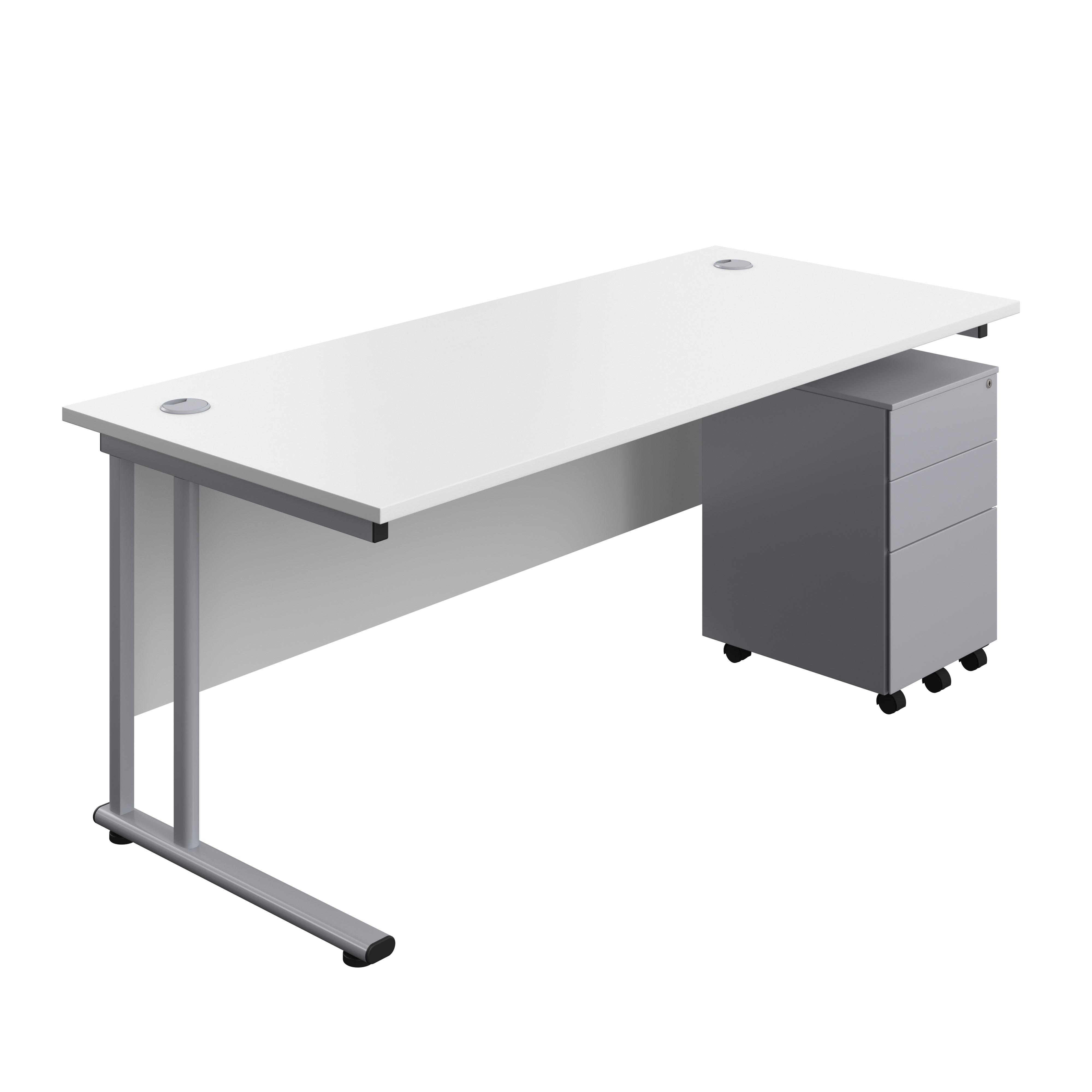 Twin Upright Rectangular Desk + Under Desk Steel Pedestal 3 Drawers (FSC) | 1800X800 | White/Silver