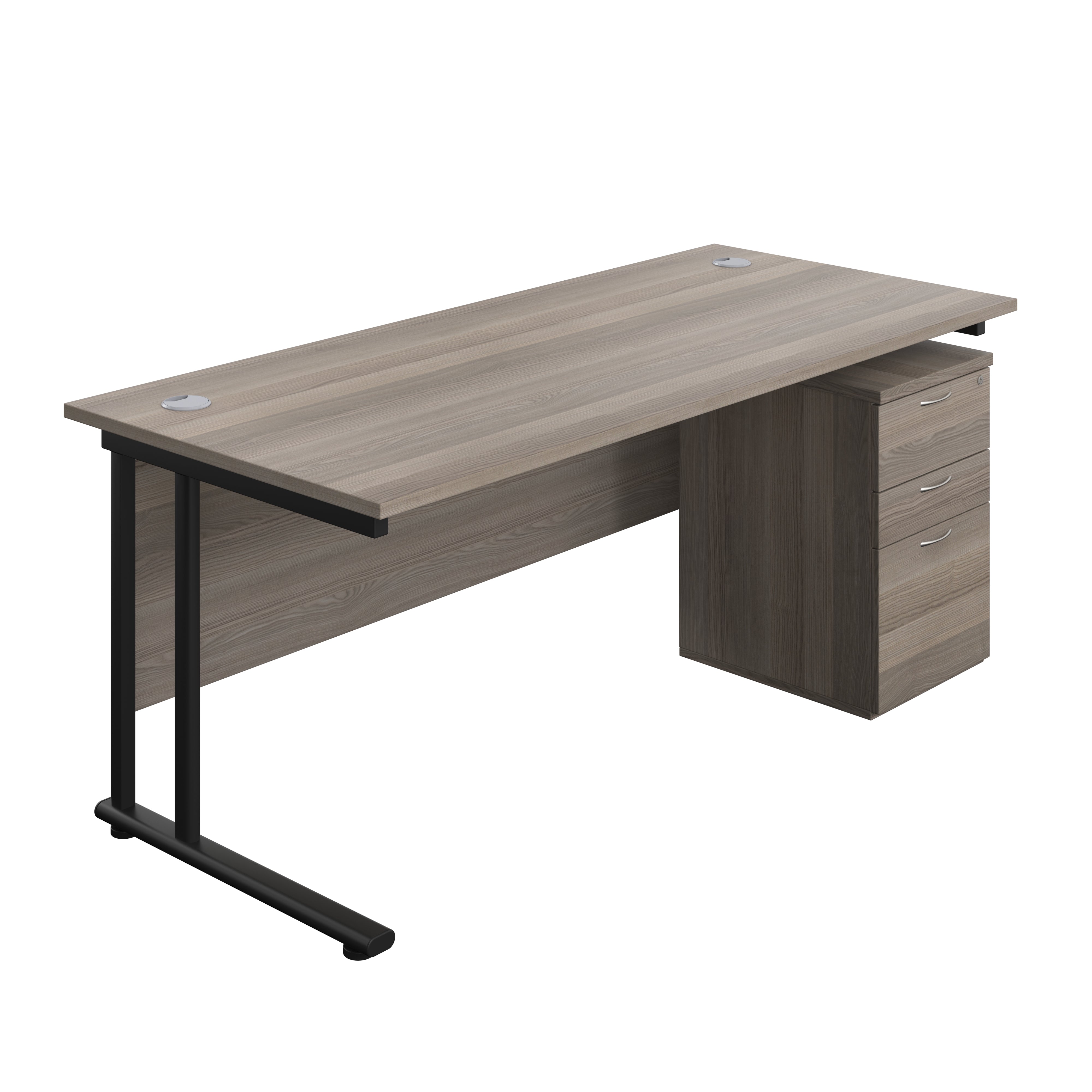 Twin Upright Rectangular Desk + High Mobile Pedestal 3 Drawer (FSC) | 1800X800 | Grey Oak/Black